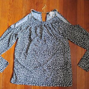 Michael Kors Leopard Print Cold Shoulder Top with Gold Chain Keyhole Back Sz M